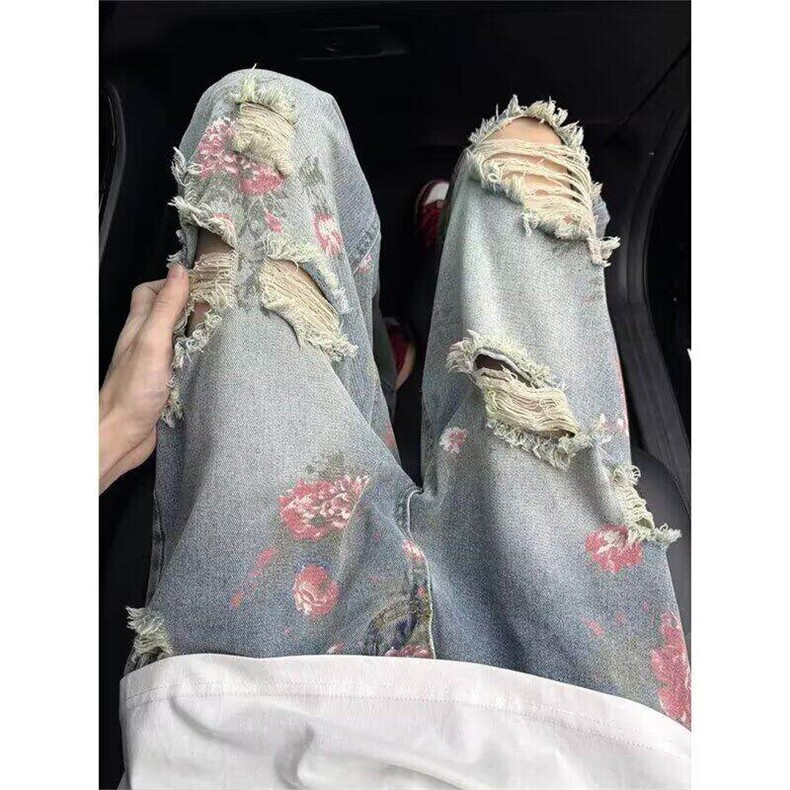 美式复古水洗做旧破洞满印牛仔裤小众设计感直筒裤潮WLN8355-P47，男装牛仔裤，星座1008