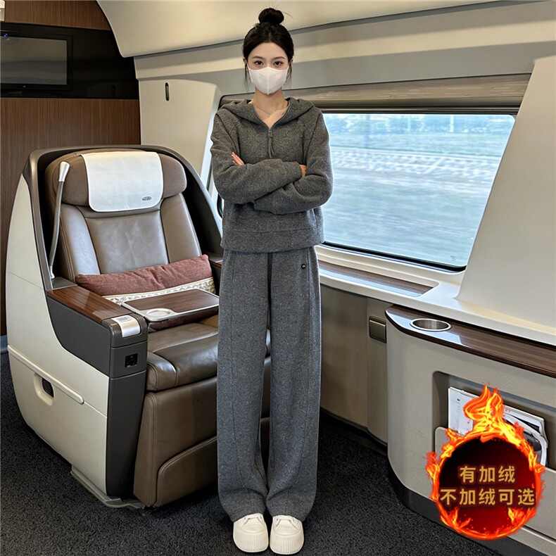 气质简洁休闲套装女秋冬新款韩系连帽卫衣直筒长裤显高显瘦两件套,女装套装/套裙,2C310