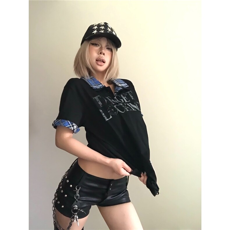 亚文化穿搭短袖t恤男女夏季格子拼接半袖美式街头翻领宽松上衣,男装T恤,星座1210-1