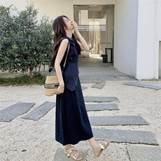 蓝色法式复古简约连衣裙女中长款2025夏新款宽松遮肉设计感背心裙，女装连衣裙，2C261