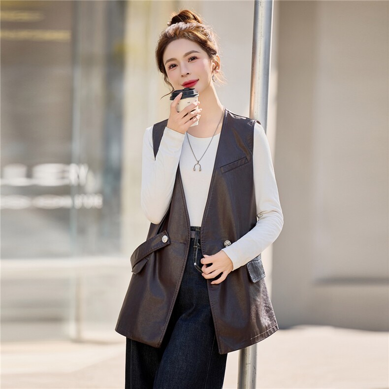 【春季女装新款】大量现货时尚中长款马甲皮衣外套，女装皮衣，简古