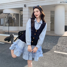现货新款蓝色针织马甲衬衫连衣裙套装女2C282-209P175K288，女装套装/套裙，2C282