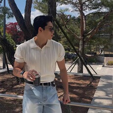 轻熟风韩系竖条纹V领设计纹理高级感冰丝短袖POLO衫PL100/P55，男装Polo衫，电商A243