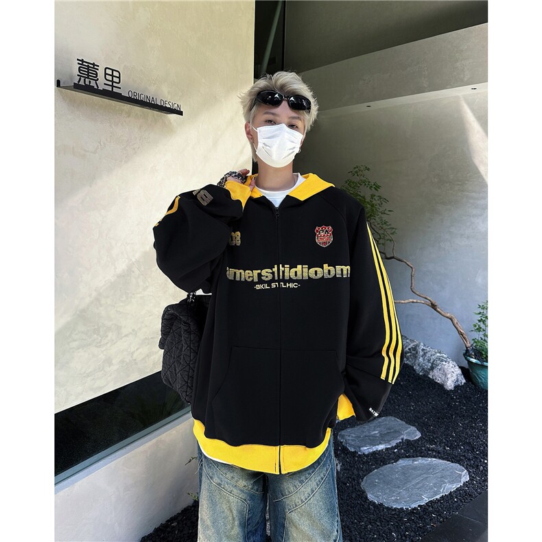 美式复古三条杠织撞色拉链连帽卫衣男秋牌情侣开衫上衣,男装卫衣,星座716-3