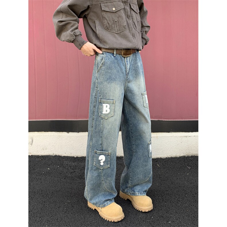 美式复古水洗多口袋设计弯刀裤子牛仔裤拖地宽松长裤N01179-P50，男装牛仔裤，星座308B-2