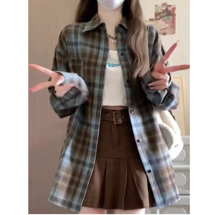 复古格子衬衫外套女早秋款长袖上衣女装衬衫网图CSY38-P35有货,男装衬衫,星座302B-3