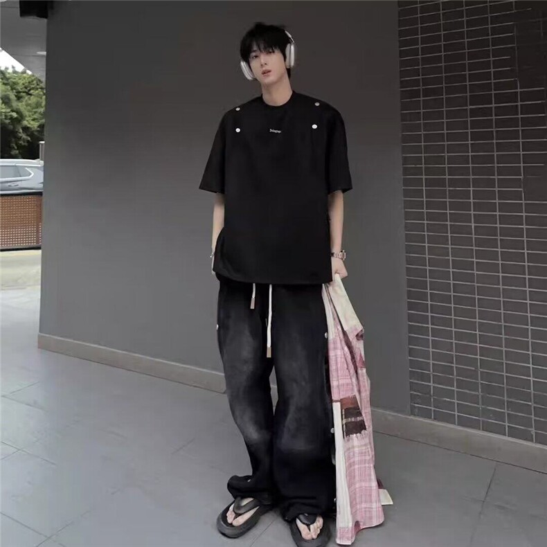 网图新款拼接设计感麂皮绒T恤重磅男女夏季潮流高街短袖,男装T恤,星座410-7