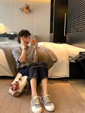时尚蓝莓紫条纹短袖精纺仿羊毛针织衫显瘦百搭女款上衣，女装针织衫/毛衣，雪真羊绒