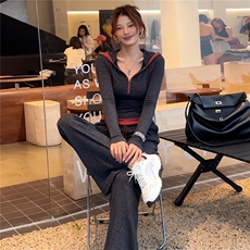 韩系运动休闲套装女春季新款高级感连帽撞色拼接上衣阔腿裤两件套，女装套装/套裙，江南
