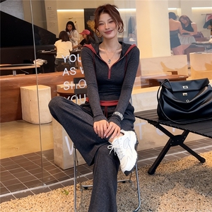 韩系运动休闲套装女春季新款高级感连帽撞色拼接上衣阔腿裤两件套图片