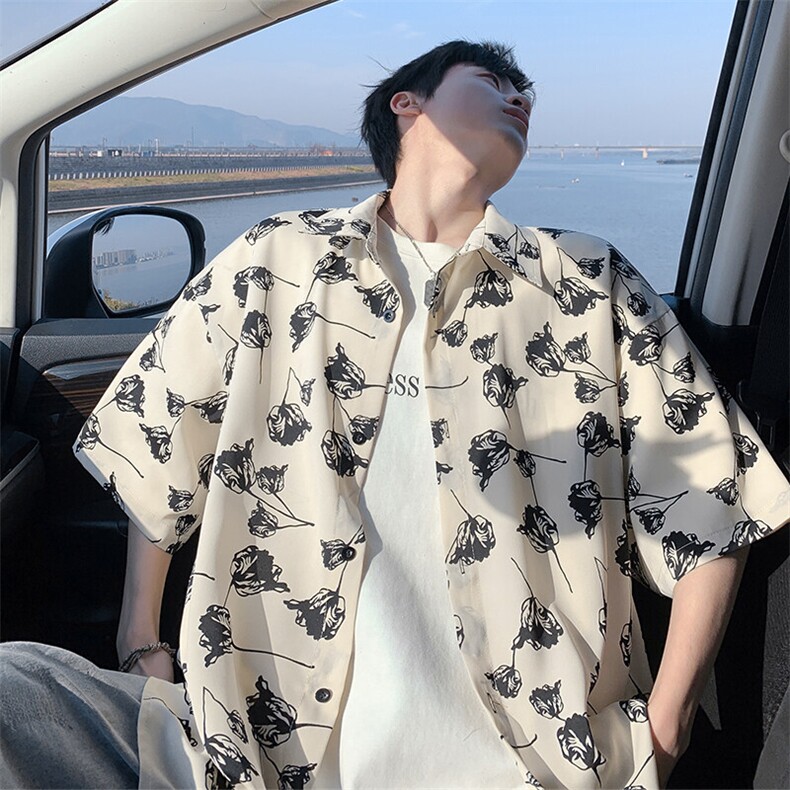 特批P25无差价夏季潮流翻领冰丝凉感宽松五分短袖花衬衫男CD5479图片