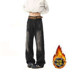 B221美式ins高街暗黑宽松直筒加绒牛仔裤LK24348-特P58控98，男装牛仔裤，电商B221