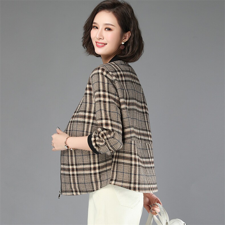 2021年春季短外套圆领中长款件格子,女装短外套,姿萝菲