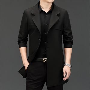 秋季中长款纯色潮流风衣中青年男士西服领休闲外套AJY9666-P175
