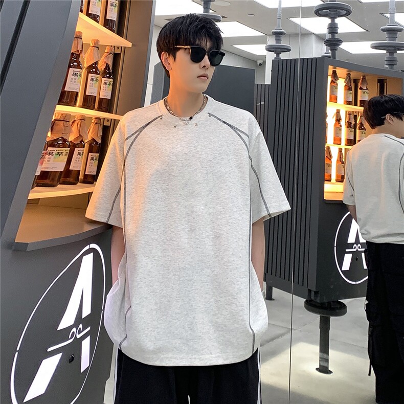 2025明线设弧形线条短袖T恤宽松铆钉金属装饰男女同款T802-P38，男装T恤，电商C307A