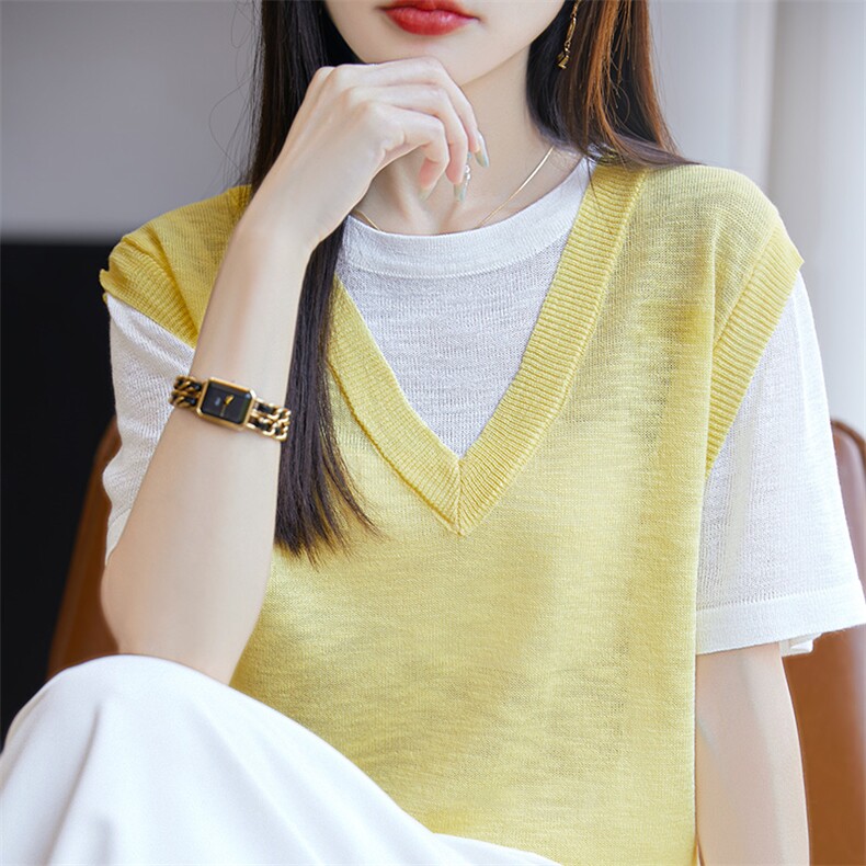 2025新款夏季假两件针织衫女宽松显瘦百搭短袖上衣洋气减龄打底衫,针织衫/毛衣,皓宇羊绒
