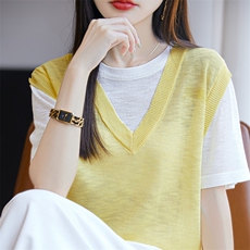2025新款夏季假两件针织衫女宽松显瘦百搭短袖上衣洋气减龄打底衫，女装针织衫/毛衣，皓宇羊绒