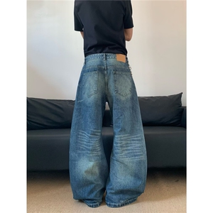复古水洗蓝色弯刀牛仔裤男女微喇宽松阔腿拖地裤直筒N2020-P48图片