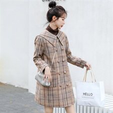 韩版时尚优雅格纹毛呢外套女秋冬季新款显瘦气质双排扣中长款大衣，女装毛呢外套，秋水欣儿