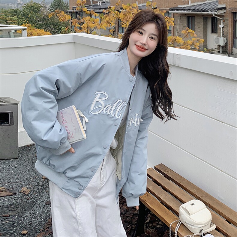 蓝色韩系chic别致字母刺绣棒球服女2025秋新款减龄蝴蝶结时尚外套,女装短外套,2C176