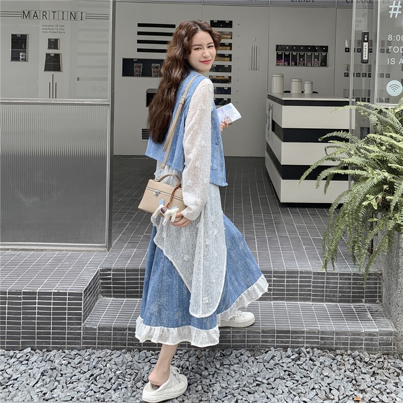 蓝色小清新牛仔提花套装裙女春秋新款小个子显瘦马甲半身裙三件套,女装套装/套裙,秋水欣儿