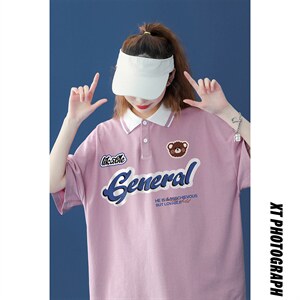 2026夏季新款中性宽松个性polo拼色翻领短袖T恤 女PL6102 P35控48图片