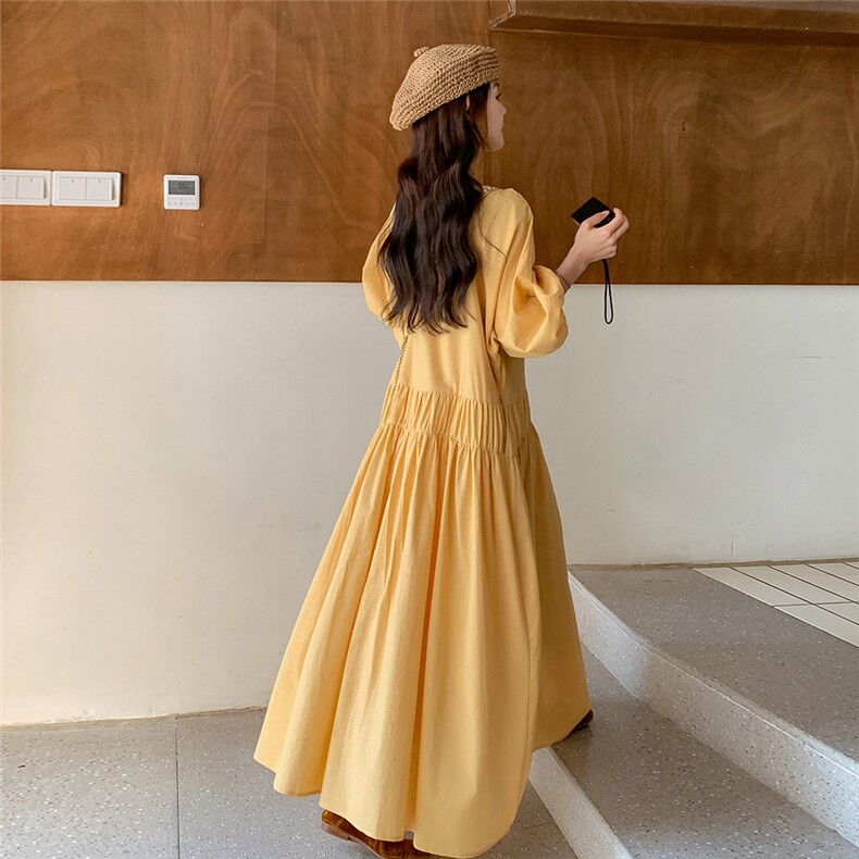 黄色法式度假风灯笼袖连衣裙女2026春新款超好看宽松减龄过膝长裙,女装连衣裙,2C177