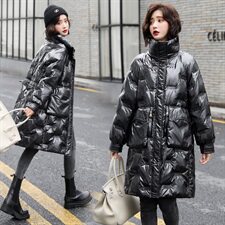 亮皮羽绒服女2020冬季新款韩版时尚亮面炫彩羽绒衣防寒外套中长款，女装羽绒服，素月