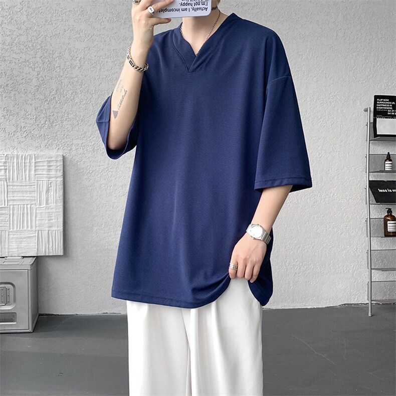 8XL-M短袖t恤男款夏季薄款垂感小V领七分袖加肥加大码DT005特P20图片