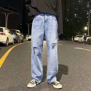 牛仔裤男20港风潮牌一字破洞宽松直筒百搭长裤716-2-NZ003-P55图片