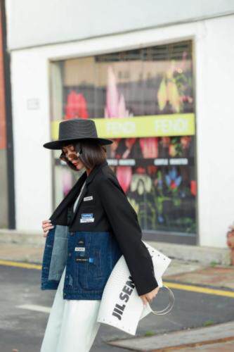 新款牛仔拼接带标西装，女装西装，C&B