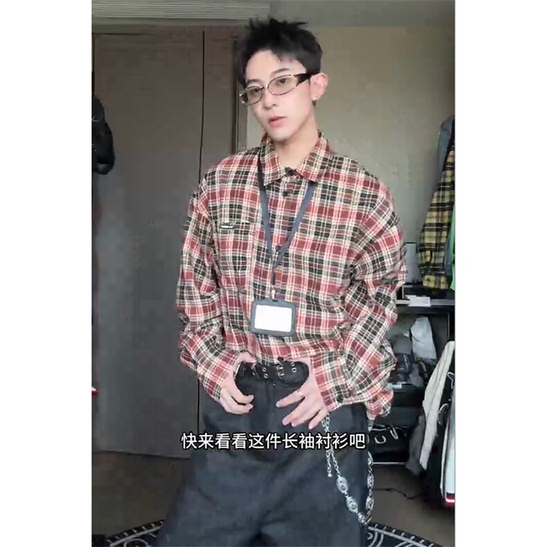 特P35无差价春秋长袖百搭格子衬衫-HS2172港风自拍，男装衬衫，电商A003