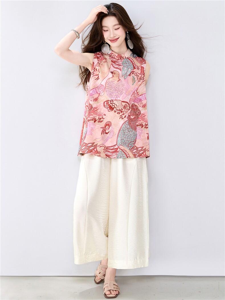 夏季新款现货！2026新中式洋气撞色印花上衣+宽松阔腿裤两件套装,女装套装/套裙,央宝儿