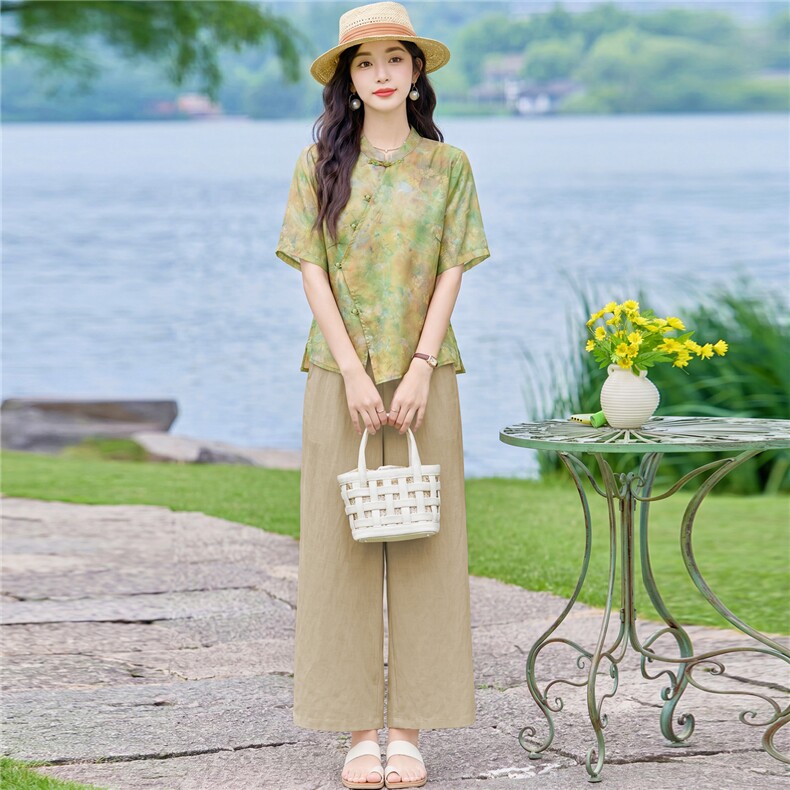 现货2026年夏季新款中式时尚两件套装女小衬衫T恤加天丝麻阔腿裤,女装套装/套裙,璐依舞