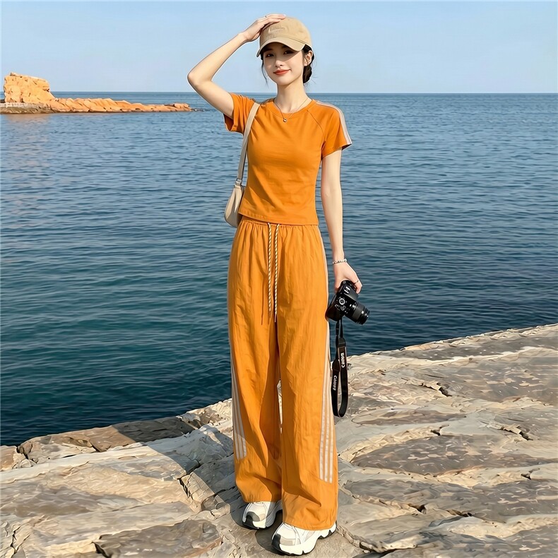 高级感时尚休闲套装女夏季新款高级感圆领短袖上衣束脚长裤两件套,女装套装/套裙,江南