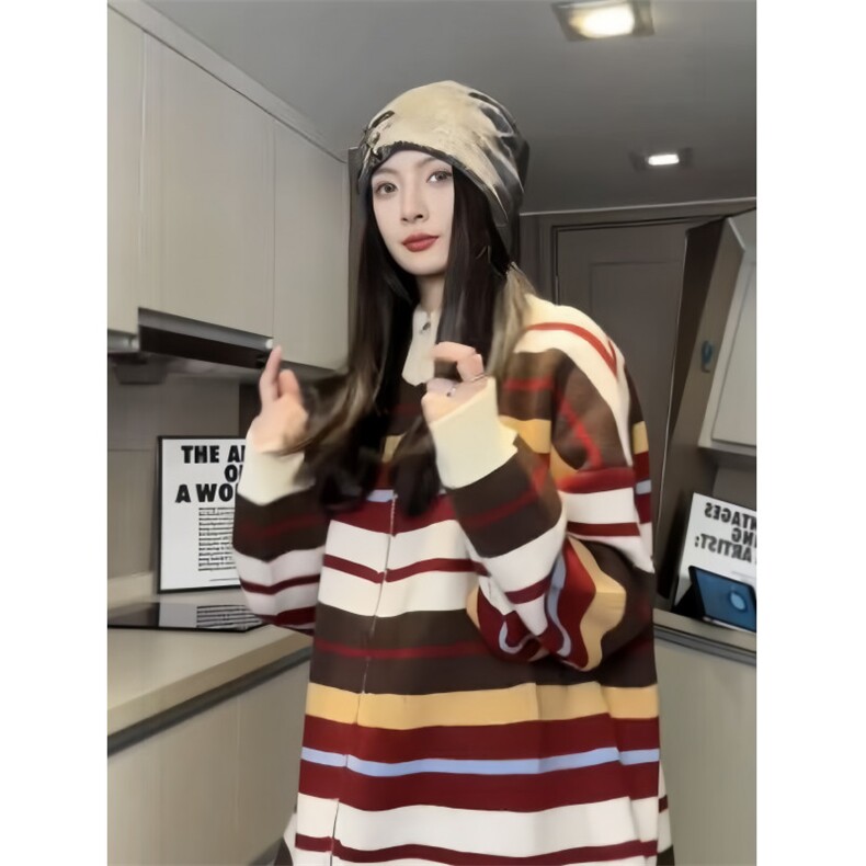 美式复古彩虹撞色针织衫青春情侣潮牌宽松外套毛衣XZ301AM01P78,男装针织衫/毛衣,星座301A