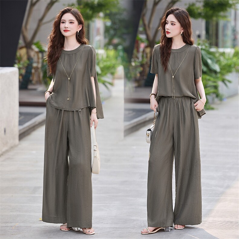 高级感阔腿裤套装女神范2025新款夏季时尚洋气显瘦休闲长裤两件套，女装套装/套裙，鑫鑫美