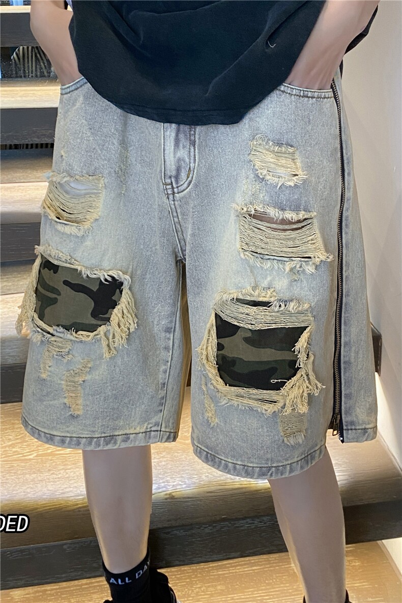 抖音品质高街破洞迷彩短裤水洗泥巴黄牛仔裤B315-K23244-p60控78,男装牛仔裤,电商B315