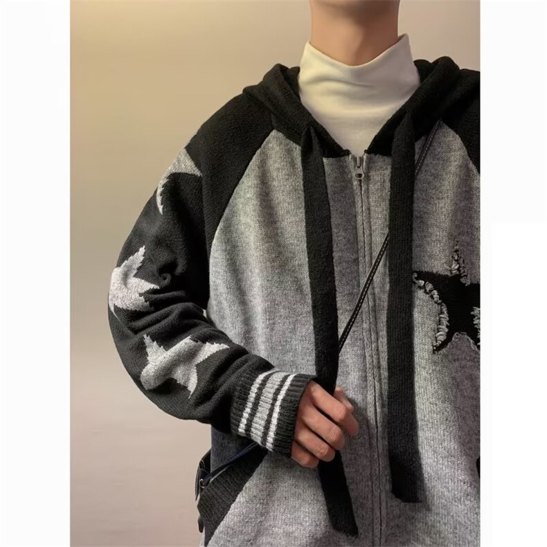 美式拼色星星连帽开衫毛衣棕男慵懒风休闲针织衫FM28P50,男装针织衫/毛衣,星座1116-2