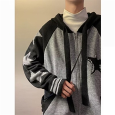 美式拼色星星连帽开衫毛衣棕男慵懒风休闲针织衫FM28P50，男装针织衫/毛衣，星座1116-2