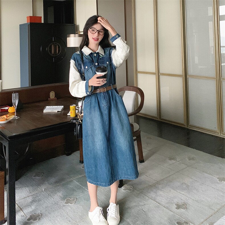 拼接牛仔连衣裙2024女中长款春季新款小个子修身裙子A字裙衬衫裙图片