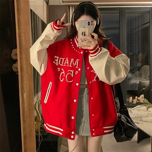 A517-P90 珍珠刺绣棒球服男女春季拼接宽松夹克情侣外套图片
