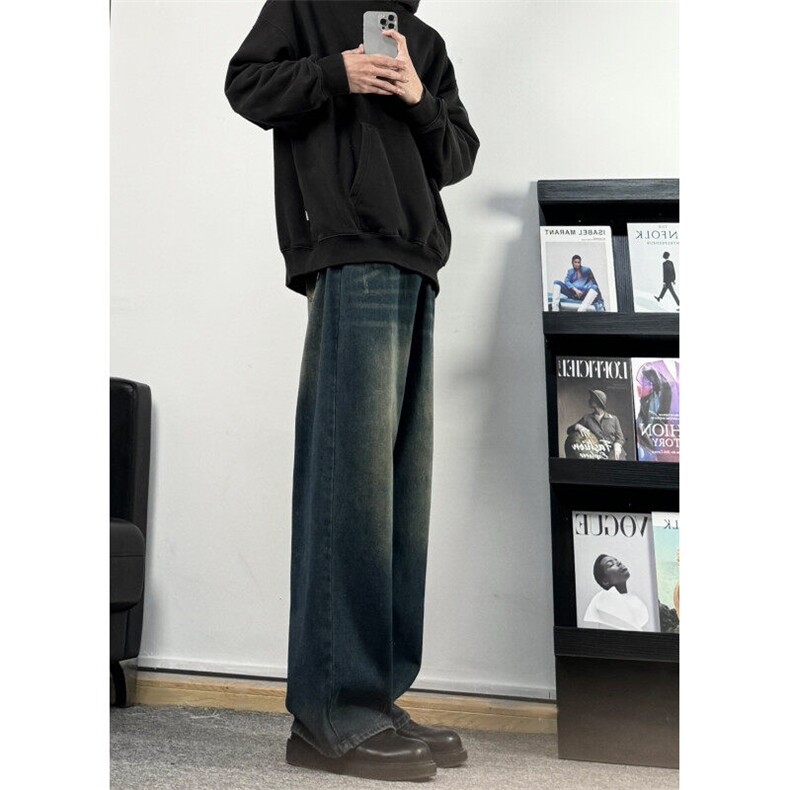 春秋新款美式复古牛仔裤男潮牌水洗设计感痞帅阔腿直筒裤子,男装牛仔裤,星座310A-4