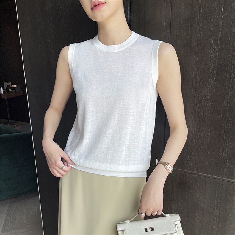 18针精纺扬子纱100羊毛圆领针织背心女宽松显瘦通勤无袖打底衫薄,女装背心吊带,玖雪绒羊绒