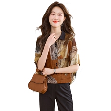 休闲短袖衬衫女宽松夏季2025新妈妈条纹减龄洋气蝙蝠衫遮肚子衬衣，女装衬衫，素月