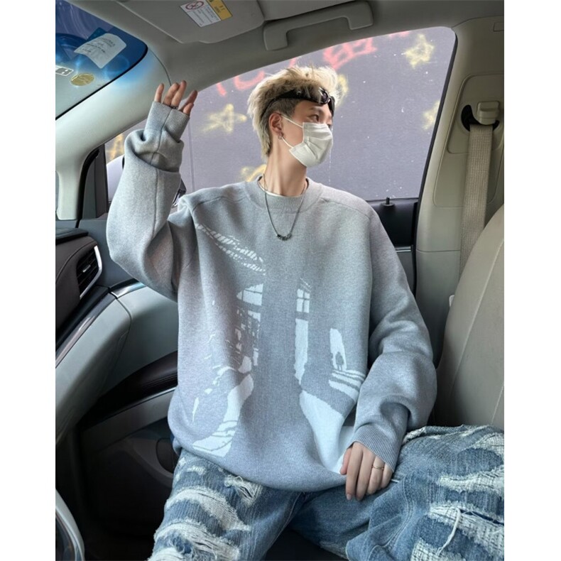 艺术剪影印花毛衣针织衫男宽松休闲圆领毛衣  1001-1-M6030-P52图片