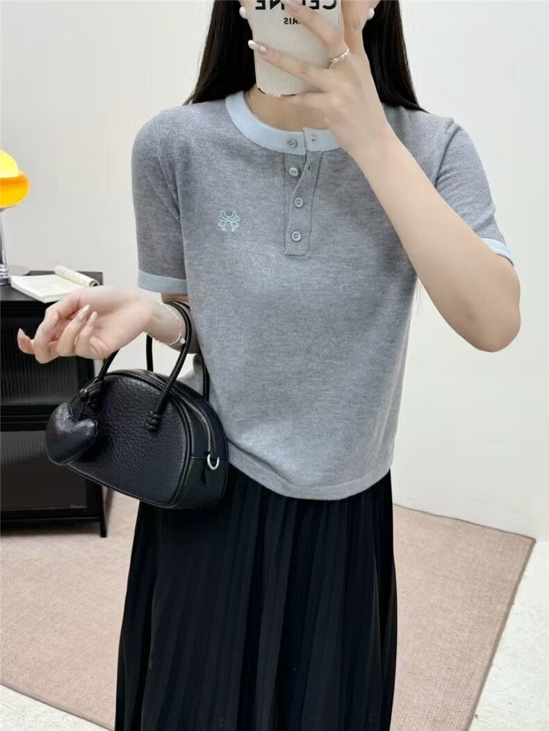 2025新款女夏季洋气短袖气质显瘦t恤衫撞色针织衫时尚圆领薄上衣,女装T恤,艾米娇羊绒