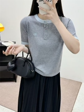2025新款女夏季洋气短袖气质显瘦t恤衫撞色针织衫时尚圆领薄上衣，女装T恤，艾米娇羊绒