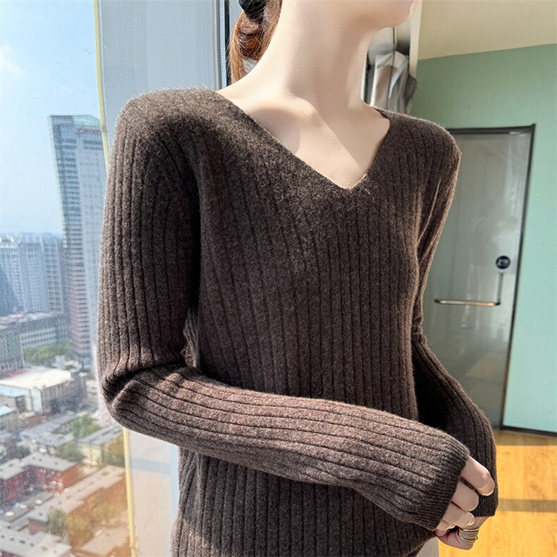 V领羊毛衫秋冬新款坑条修身针织打底套头毛衣女,女装羊毛衫,君贝羊绒