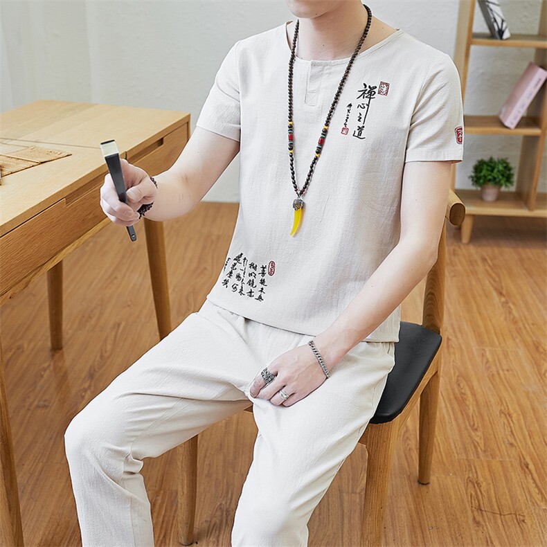 t086中国风棉麻套装休闲棉麻短袖大码九分裤韩版潮1115-1,男装休闲套装,星座1115-1